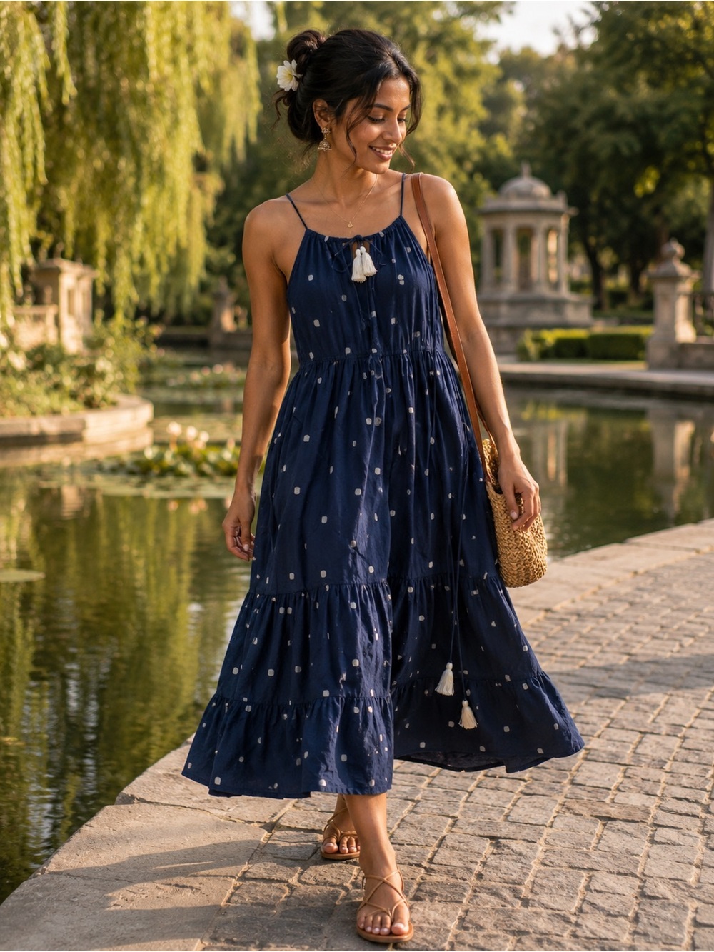 SVRNAA Women’s Navy Blue Tiered Sundress with Tassel Detail